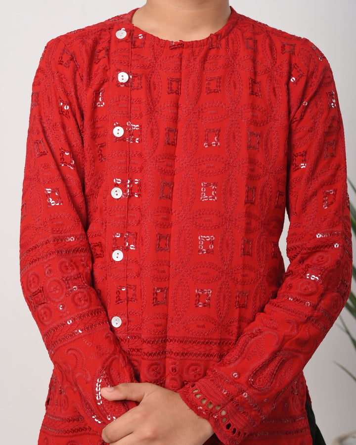 Ruby Chikankari kurta with dhoti for Boy Kid| Shobitam Custom Shirt Made To Order
