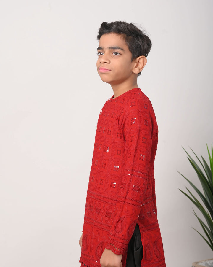 Ruby Chikankari kurta with dhoti for Boy Kid| Shobitam Custom Shirt Made To Order