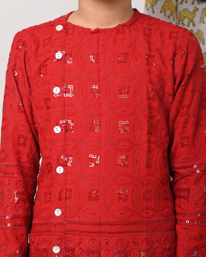 Ruby Chikankari kurta with dhoti for Boy Kid| Shobitam Custom Shirt Made To Order