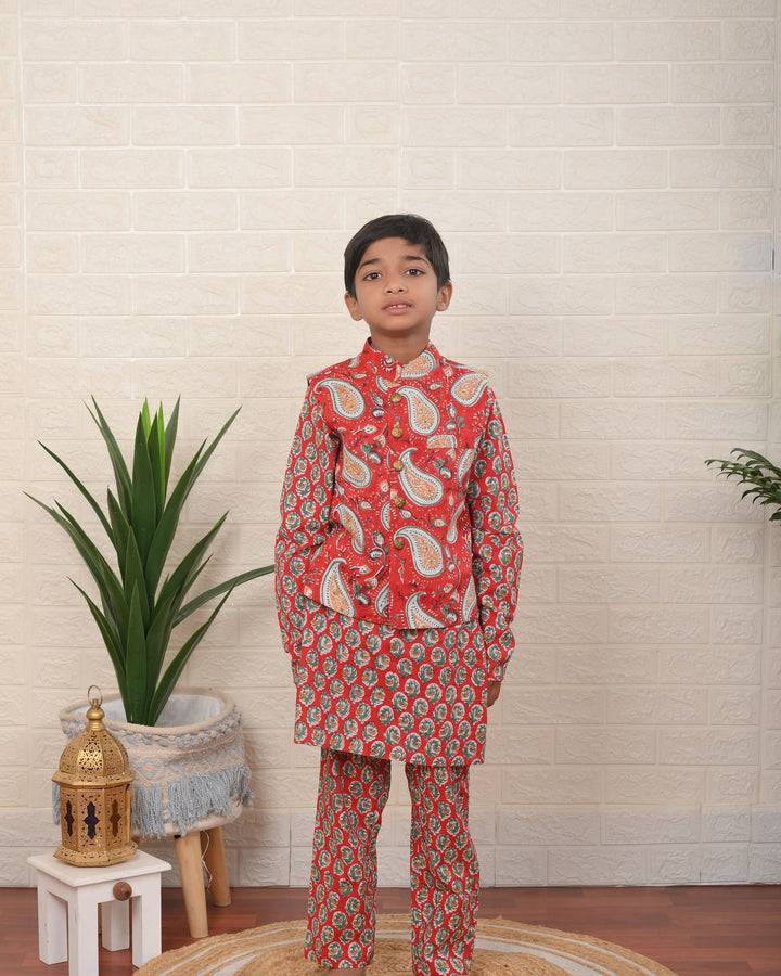 Little Botanical Dapper Nehru Jacket with Kurta Pajama 3 Piece set for Boys  | Shobitam Custom Wear Made To Order