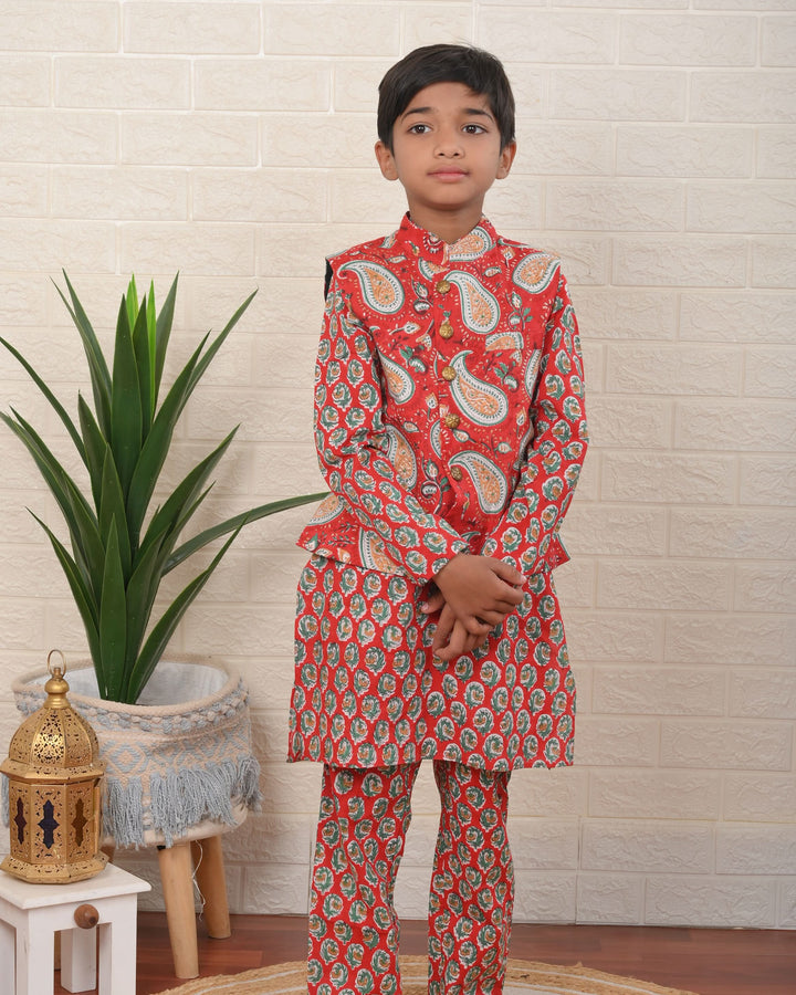 Little Botanical Dapper Nehru Jacket with Kurta Pajama 3 Piece set for Boys  | Shobitam Custom Wear Made To Order