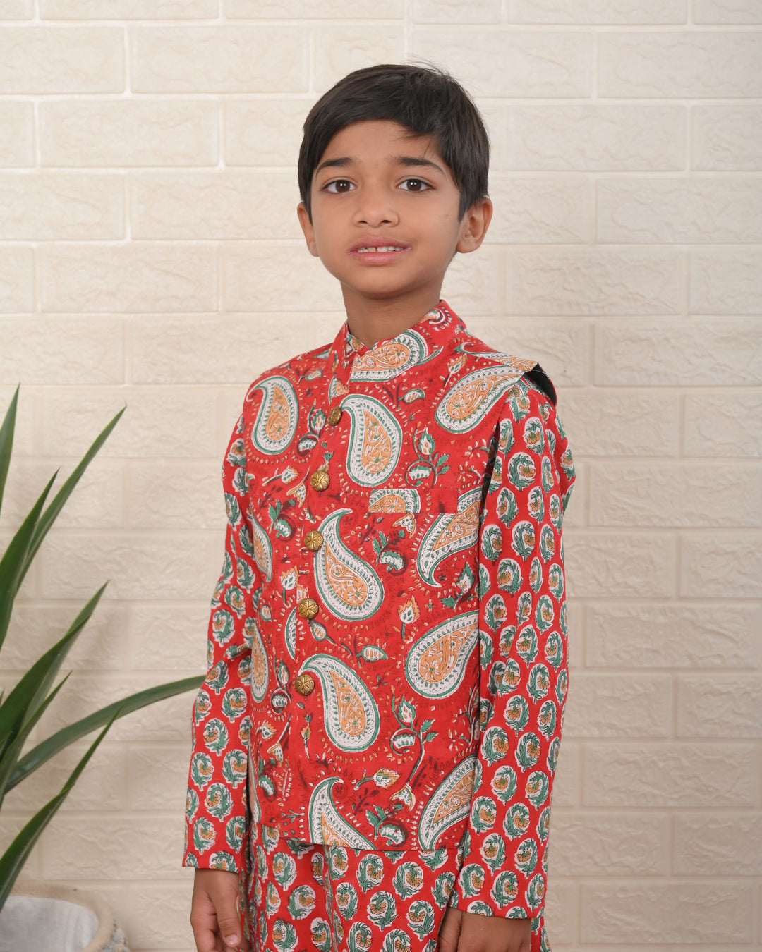 Little Botanical Dapper Nehru Jacket with Kurta Pajama 3 Piece set for Boys  | Shobitam Custom Wear Made To Order
