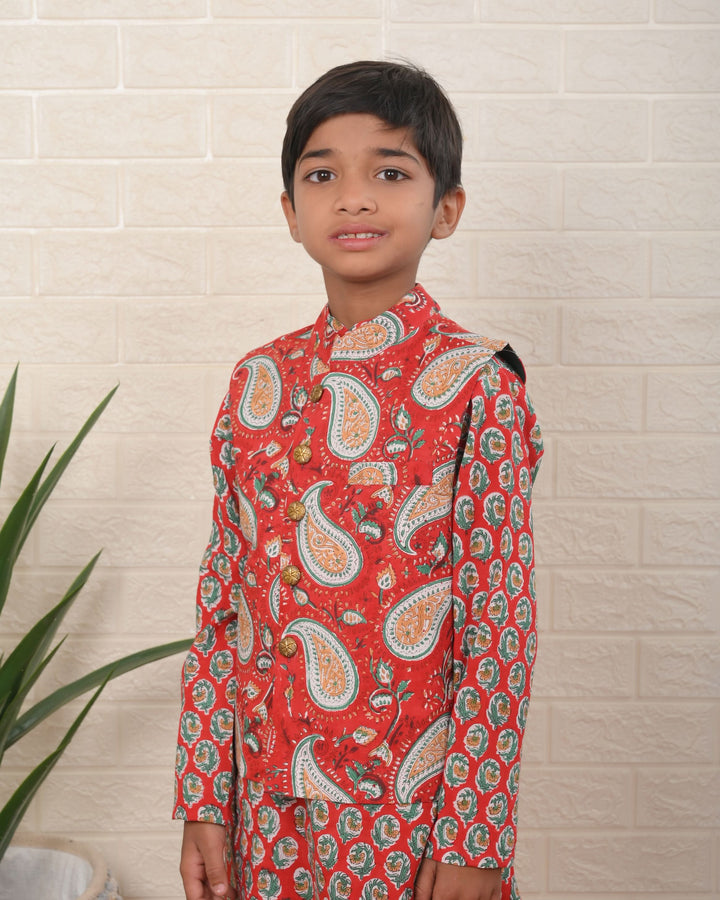 Little Botanical Dapper Nehru Jacket with Kurta Pajama 3 Piece set for Boys  | Shobitam Custom Wear Made To Order