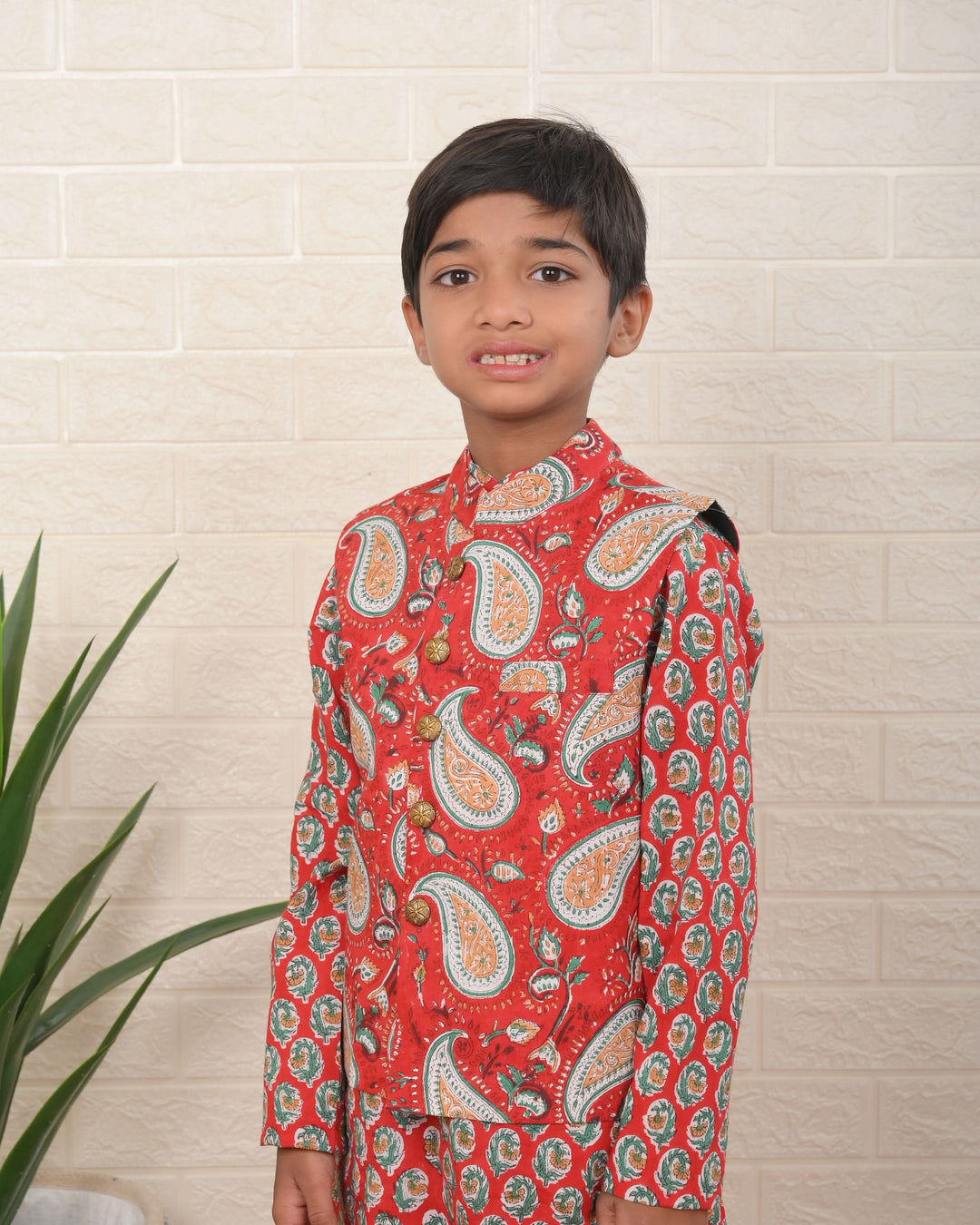 Little Botanical Dapper Nehru Jacket with Kurta Pajama 3 Piece set for Boys  | Shobitam Custom Wear Made To Order