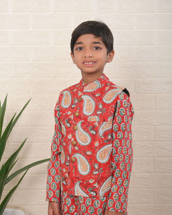 Little Botanical Dapper Nehru Jacket with Kurta Pajama 3 Piece set for Boys  | Shobitam Custom Wear Made To Order