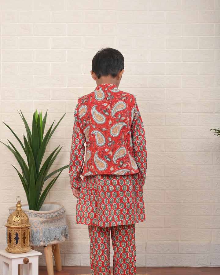 Little Botanical Dapper Nehru Jacket with Kurta Pajama 3 Piece set for Boys  | Shobitam Custom Wear Made To Order