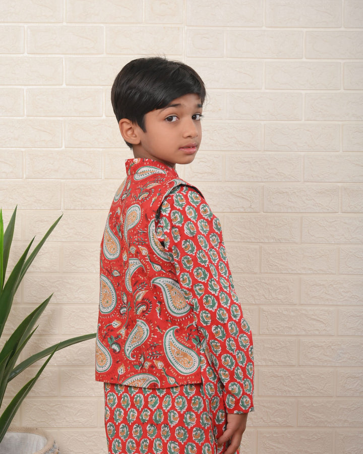 Little Botanical Dapper Nehru Jacket with Kurta Pajama 3 Piece set for Boys  | Shobitam Custom Wear Made To Order