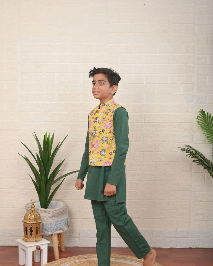 Sunny Garden Nehru Jacket with Kurta pajama 3 Piece Set  | Shobitam Custom Wear Made To Order