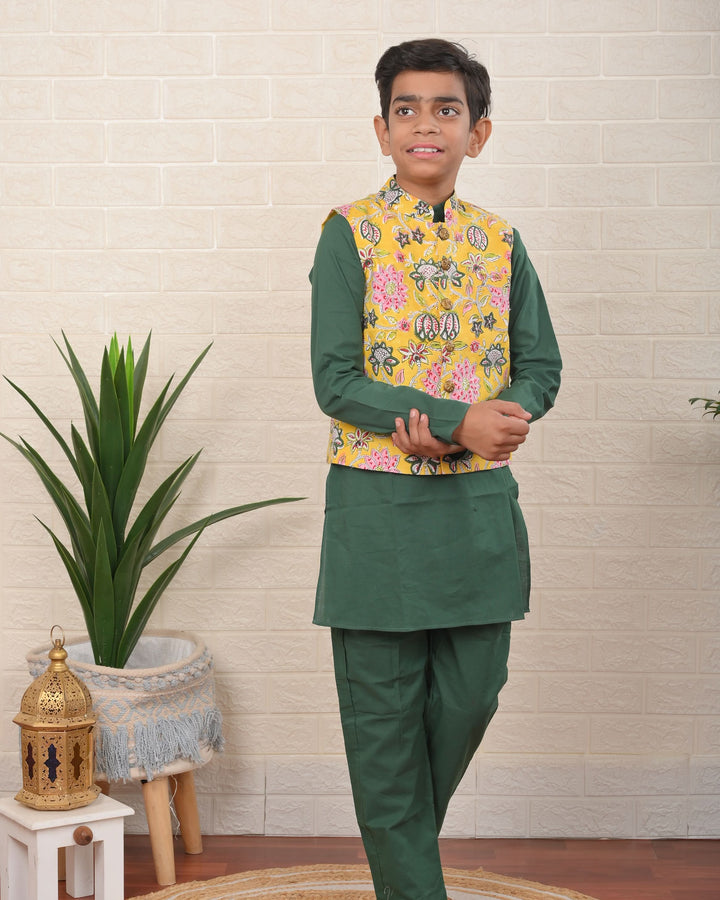 Sunny Garden Nehru Jacket with Kurta pajama 3 Piece Set  | Shobitam Custom Wear Made To Order