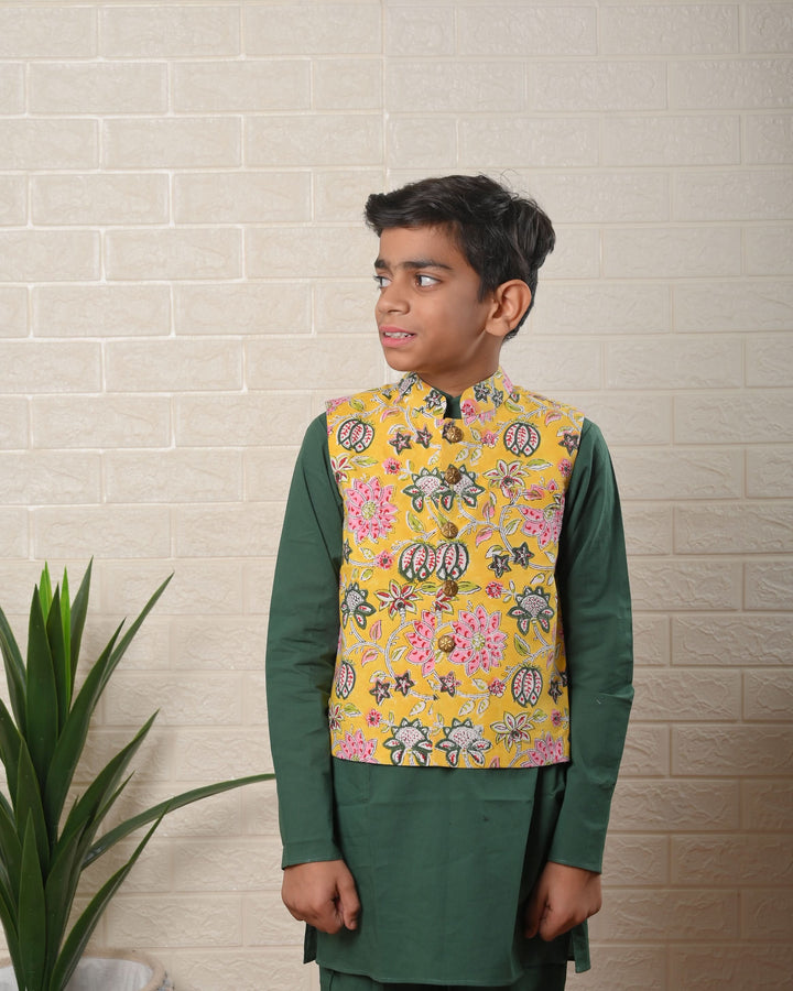 Sunny Garden Nehru Jacket with Kurta pajama 3 Piece Set  | Shobitam Custom Wear Made To Order