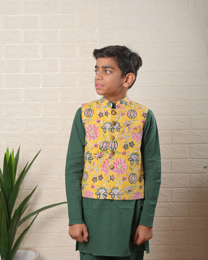 Sunny Garden Nehru Jacket with Kurta pajama 3 Piece Set  | Shobitam Custom Wear Made To Order