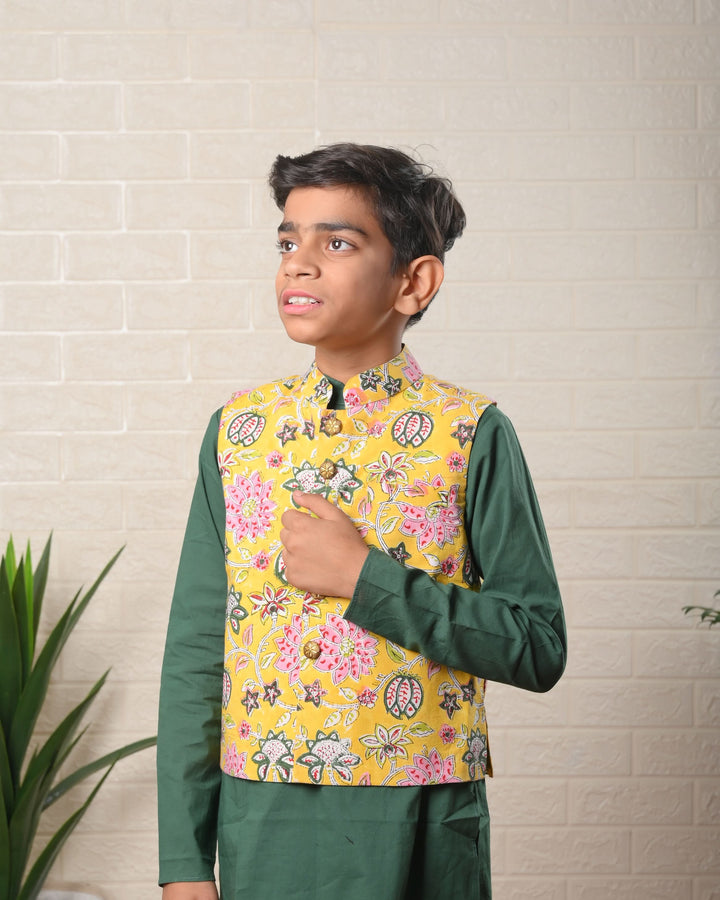Sunny Garden Nehru Jacket with Kurta pajama 3 Piece Set  | Shobitam Custom Wear Made To Order
