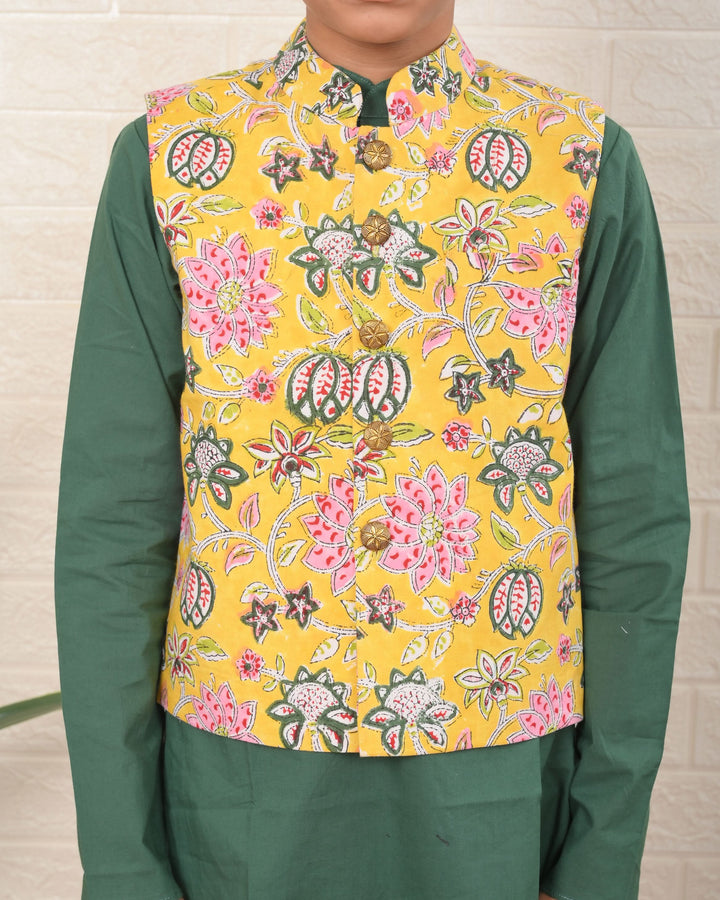 Sunny Garden Nehru Jacket with Kurta pajama 3 Piece Set  | Shobitam Custom Wear Made To Order