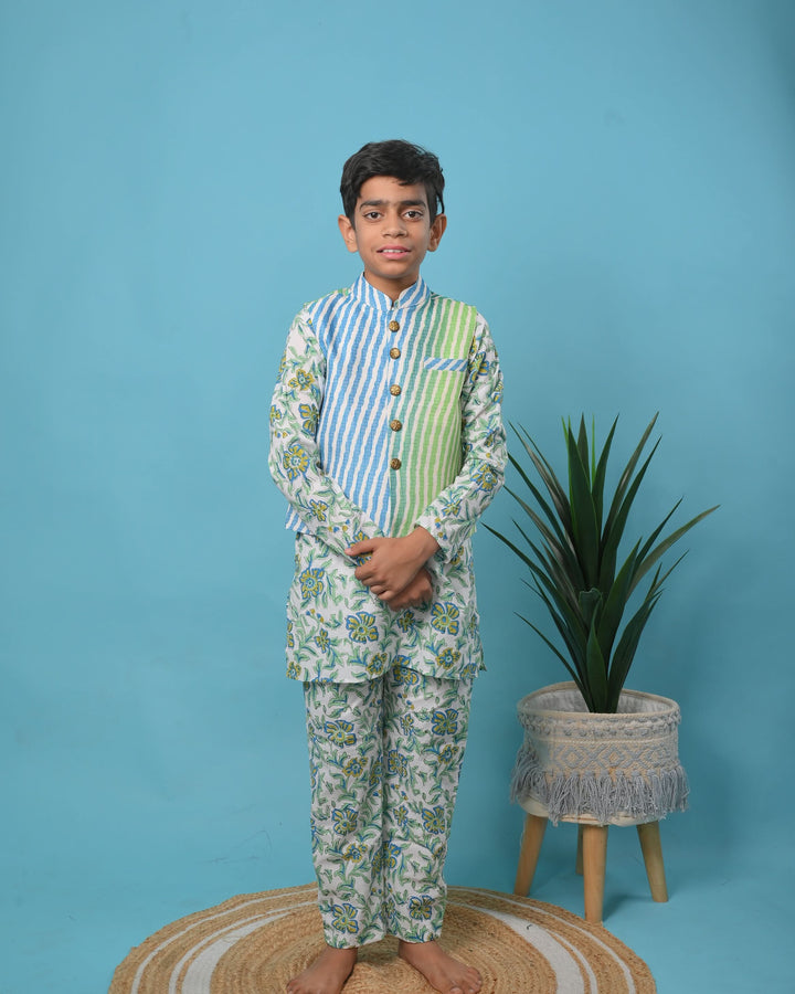 Meeraki Nehru Jacket with Kurta Pajama 3 piece set for boys | Shobitam Custom Wear Made To Order