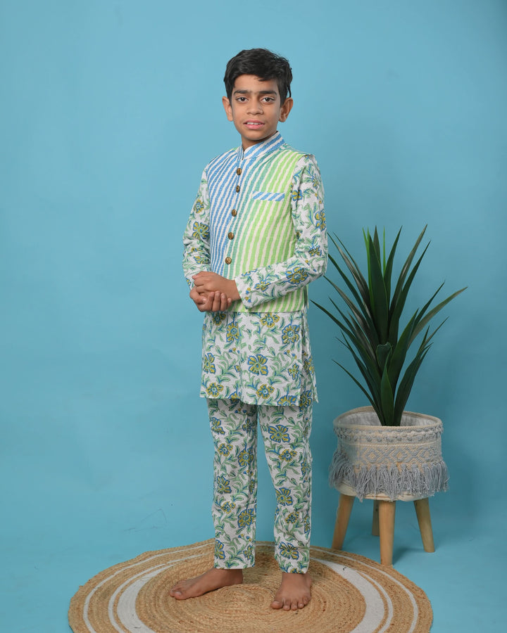 Meeraki Nehru Jacket with Kurta Pajama 3 piece set for boys | Shobitam Custom Wear Made To Order