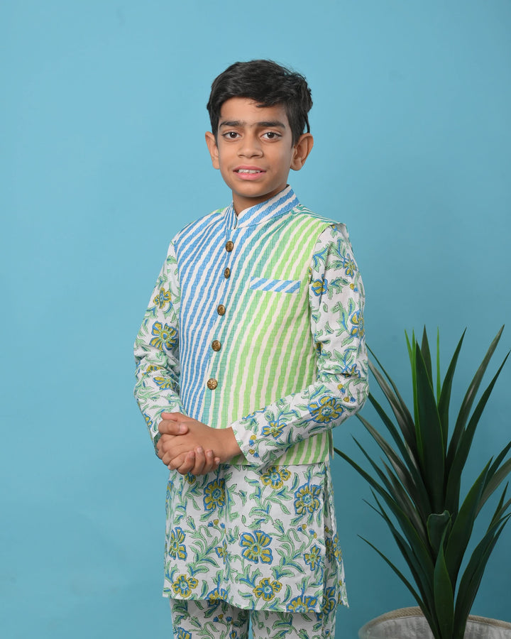 Meeraki Nehru Jacket with Kurta Pajama 3 piece set for boys | Shobitam Custom Wear Made To Order