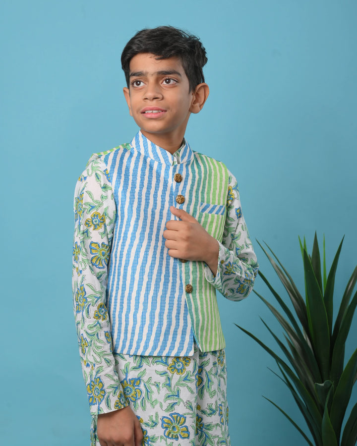 Meeraki Nehru Jacket with Kurta Pajama 3 piece set for boys | Shobitam Custom Wear Made To Order