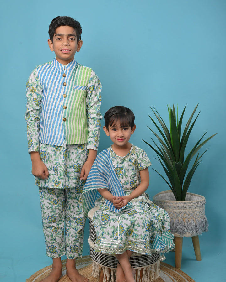 Meeraki Nehru Jacket with Kurta Pajama 3 piece set for boys | Shobitam Custom Wear Made To Order