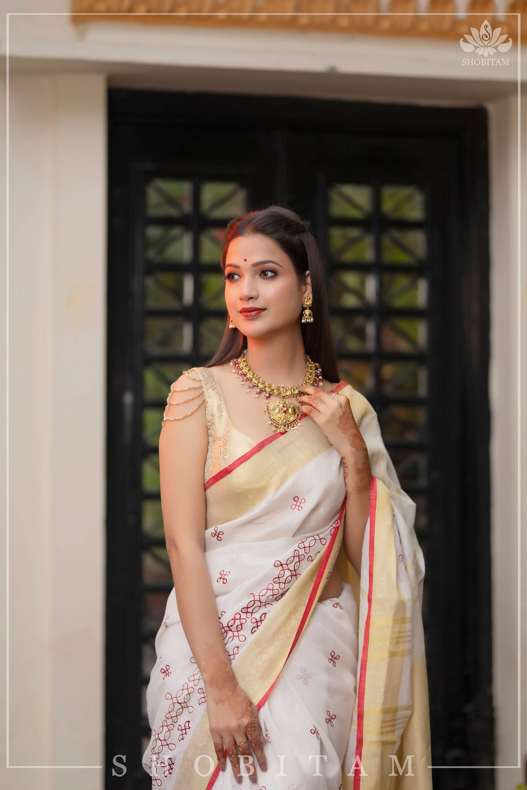 Shobitam Exclusive - Rangoli Embroidered Border on Pure Linen by Linen Saree in White, Red and Gold