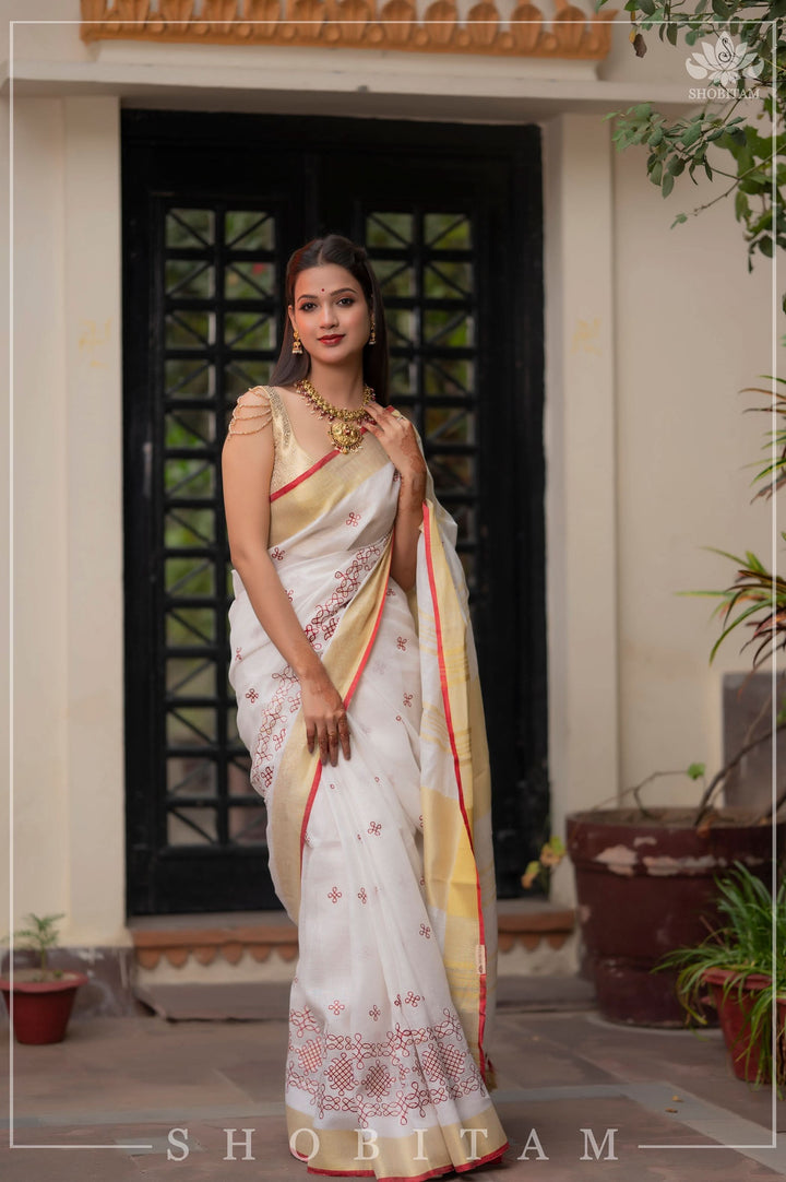 Shobitam Exclusive - Rangoli Embroidered Border on Pure Linen by Linen Saree in White, Red and Gold