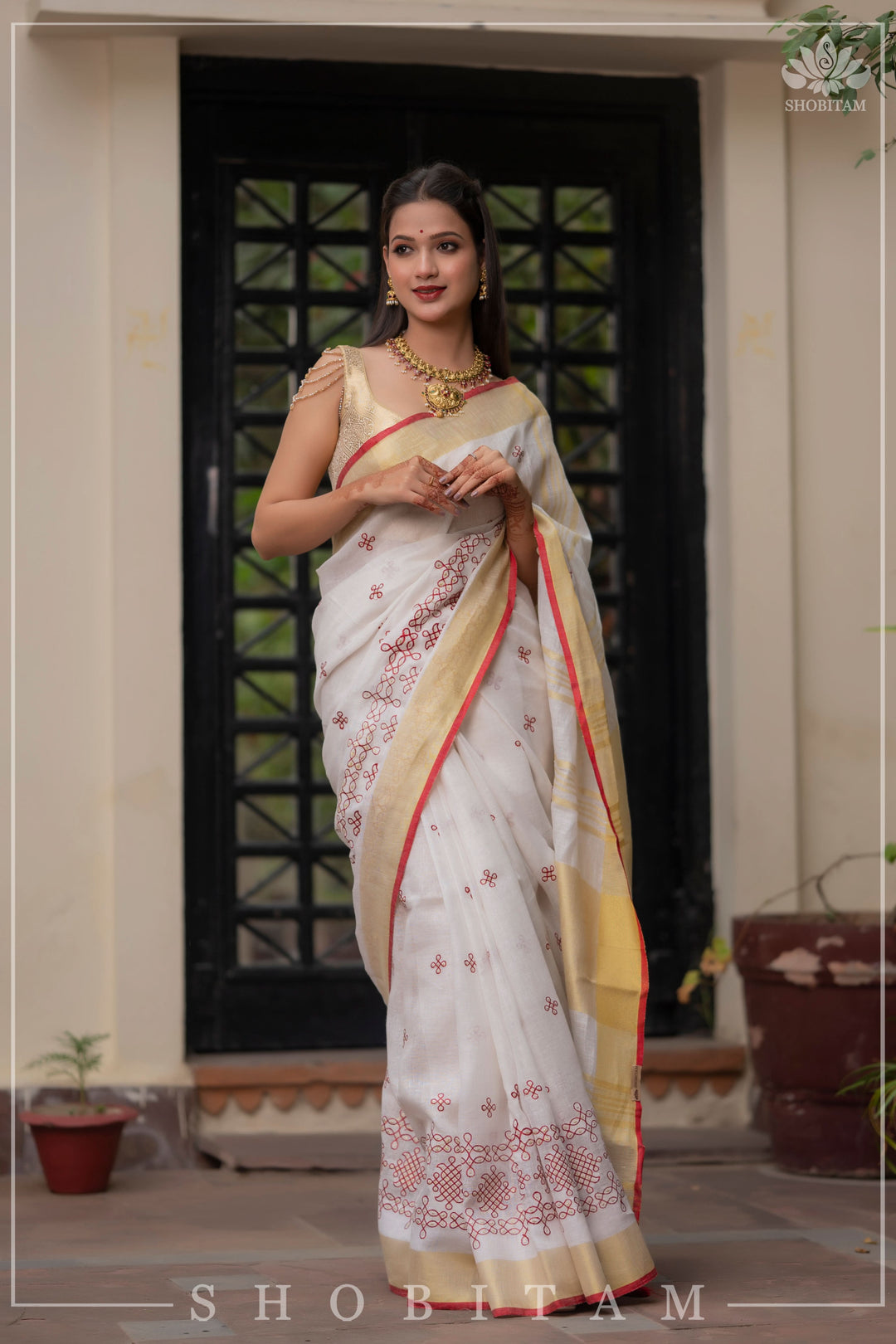 Shobitam Exclusive - Rangoli Embroidered Border on Pure Linen by Linen Saree in White, Red and Gold