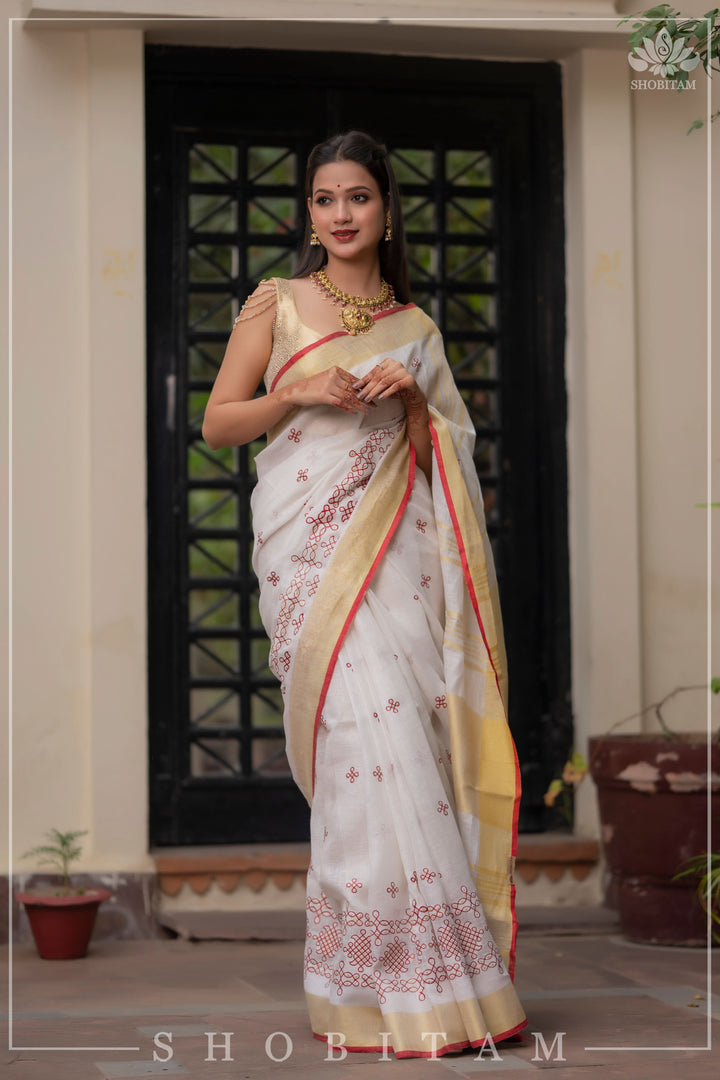 Shobitam Exclusive - Rangoli Embroidered Border on Pure Linen by Linen Saree in White, Red and Gold