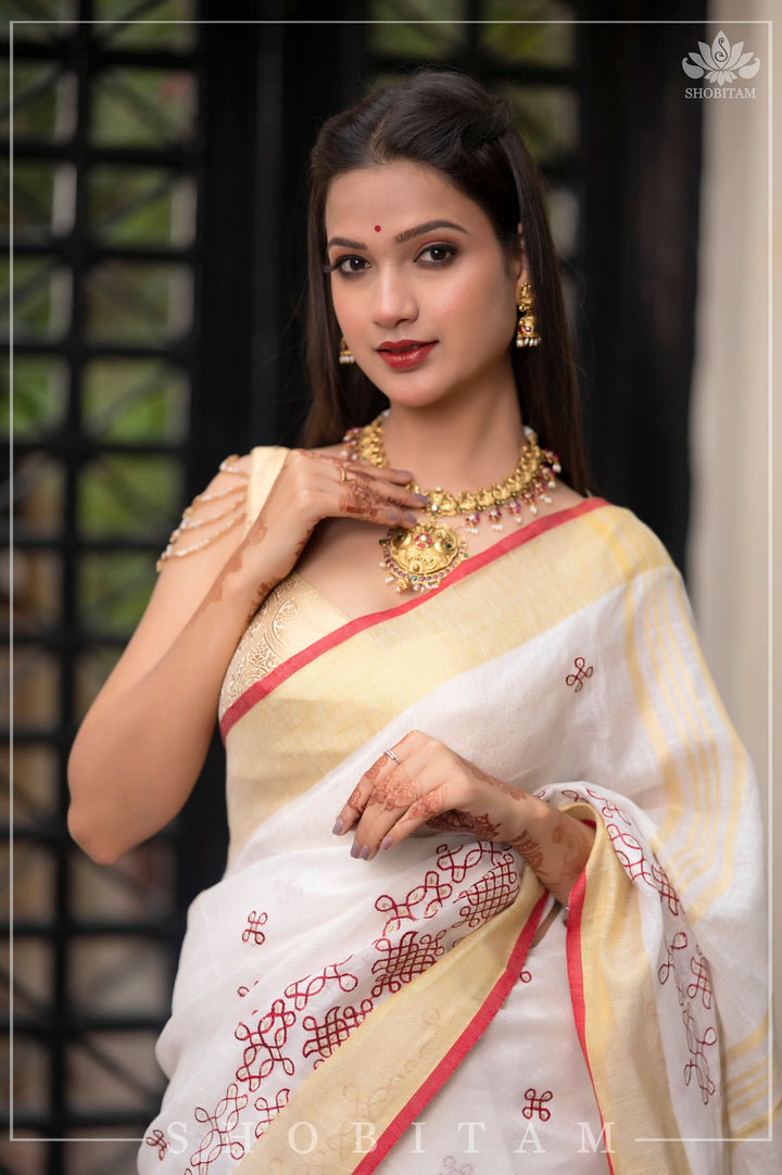 Shobitam Exclusive - Rangoli Embroidered Border on Pure Linen by Linen Saree in White, Red and Gold