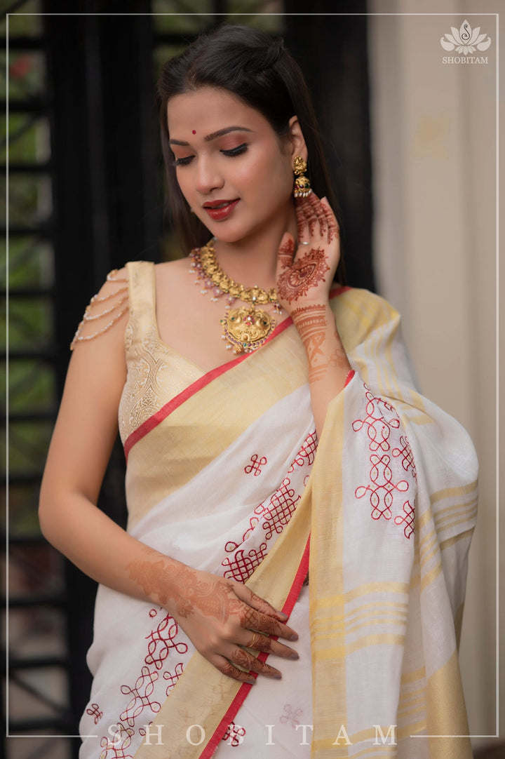 Shobitam Exclusive - Rangoli Embroidered Border on Pure Linen by Linen Saree in White, Red and Gold