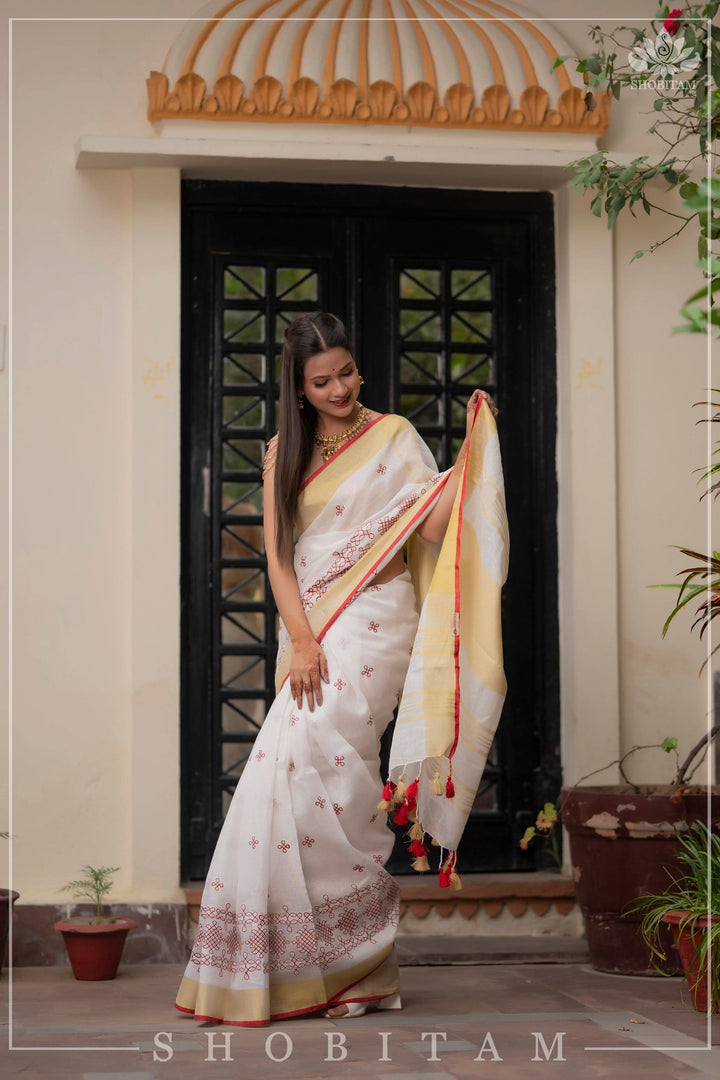 Shobitam Exclusive - Rangoli Embroidered Border on Pure Linen by Linen Saree in White, Red and Gold