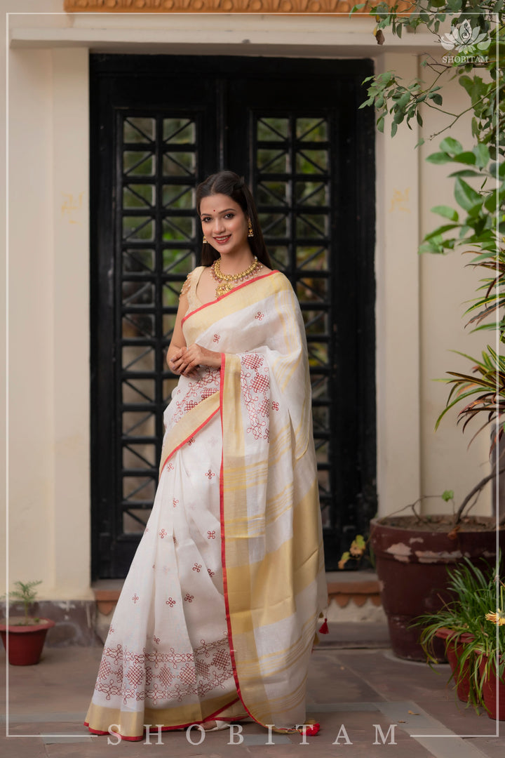 Shobitam Exclusive - Rangoli Embroidered Border on Pure Linen by Linen Saree in White, Red and Gold