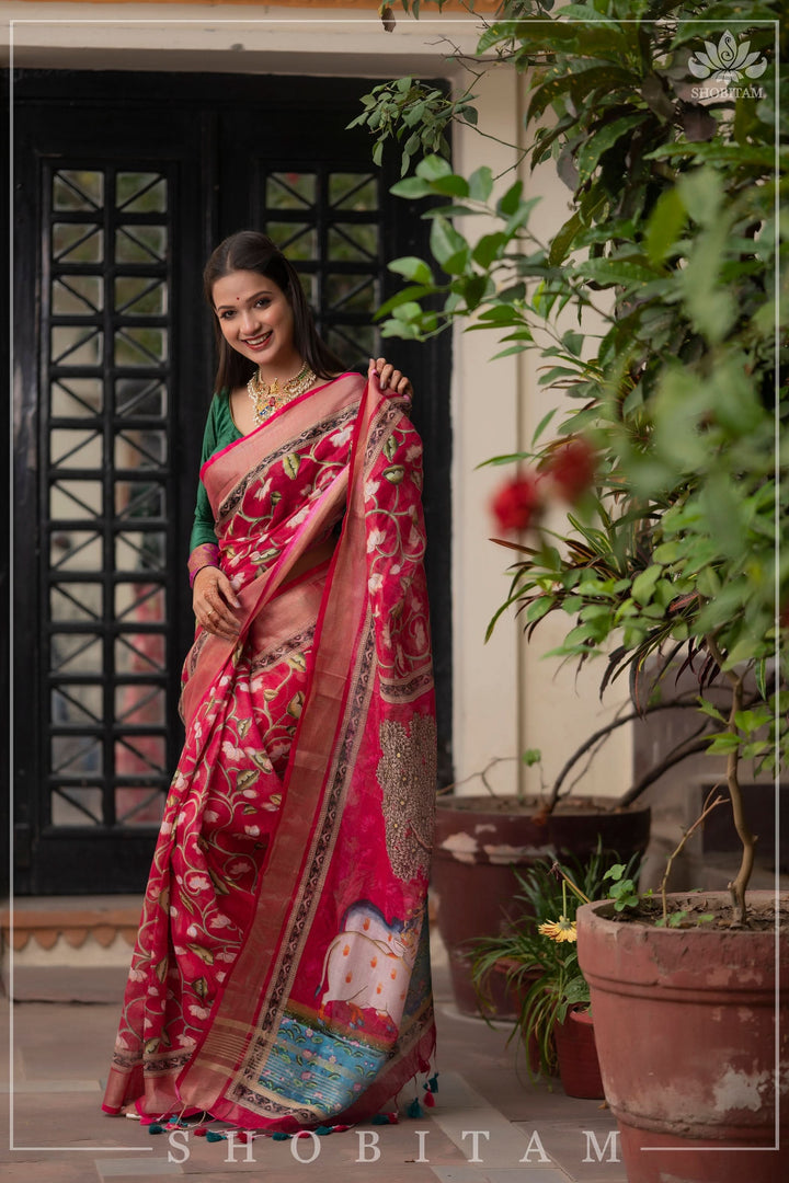 pre order Beautiful Dark Pink Linen Saree with Pichwai Design Digital Print