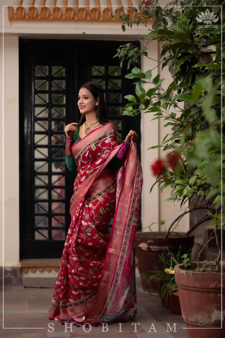 pre order Beautiful Dark Pink Linen Saree with Pichwai Design Digital Print