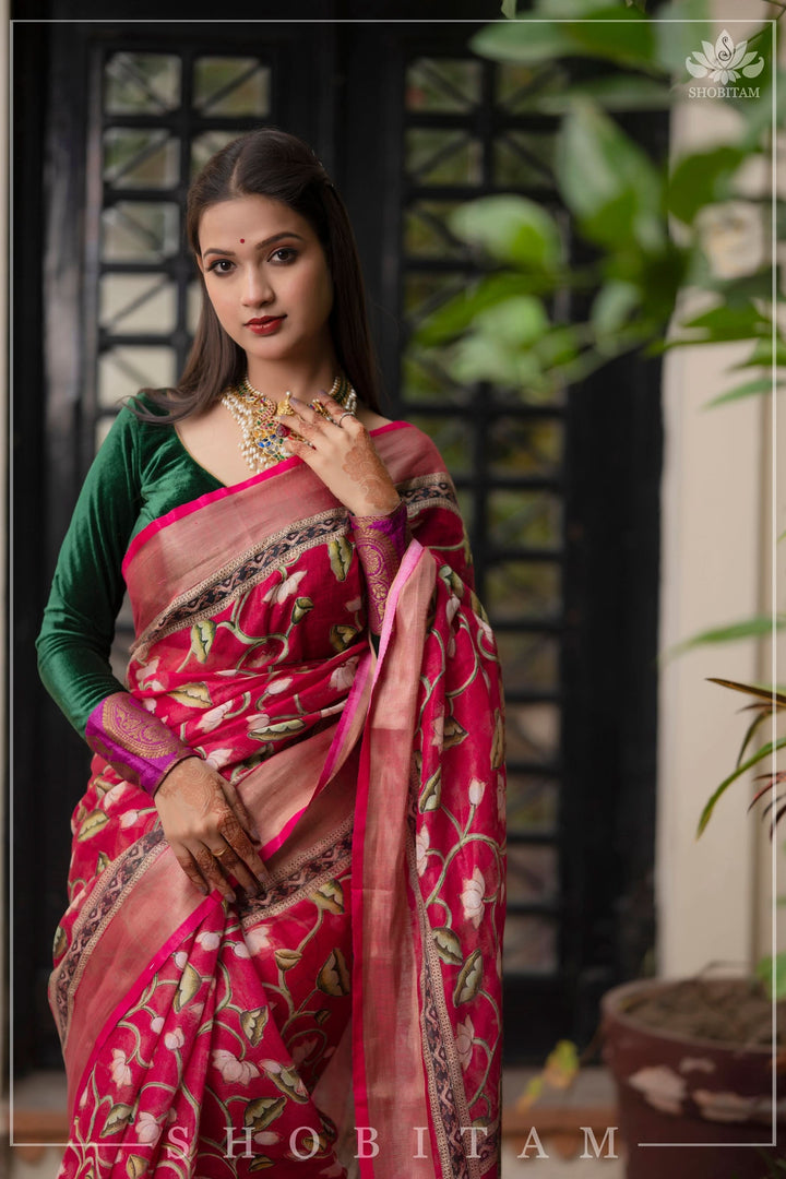 pre order Beautiful Dark Pink Linen Saree with Pichwai Design Digital Print