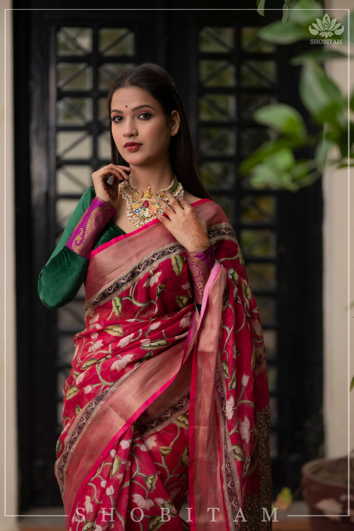 pre order Beautiful Dark Pink Linen Saree with Pichwai Design Digital Print