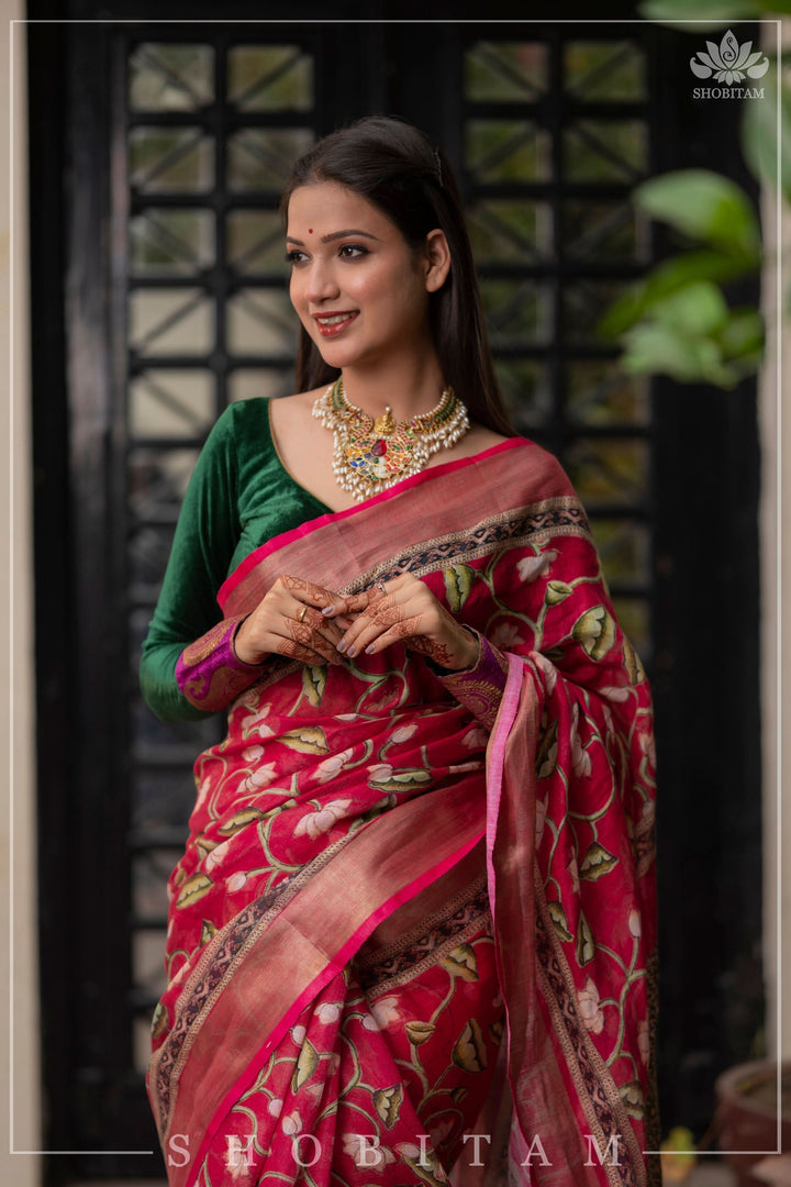 pre order Beautiful Dark Pink Linen Saree with Pichwai Design Digital Print
