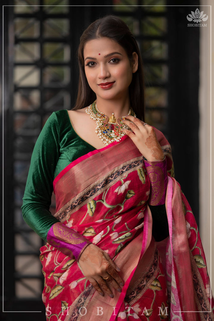 pre order Beautiful Dark Pink Linen Saree with Pichwai Design Digital Print