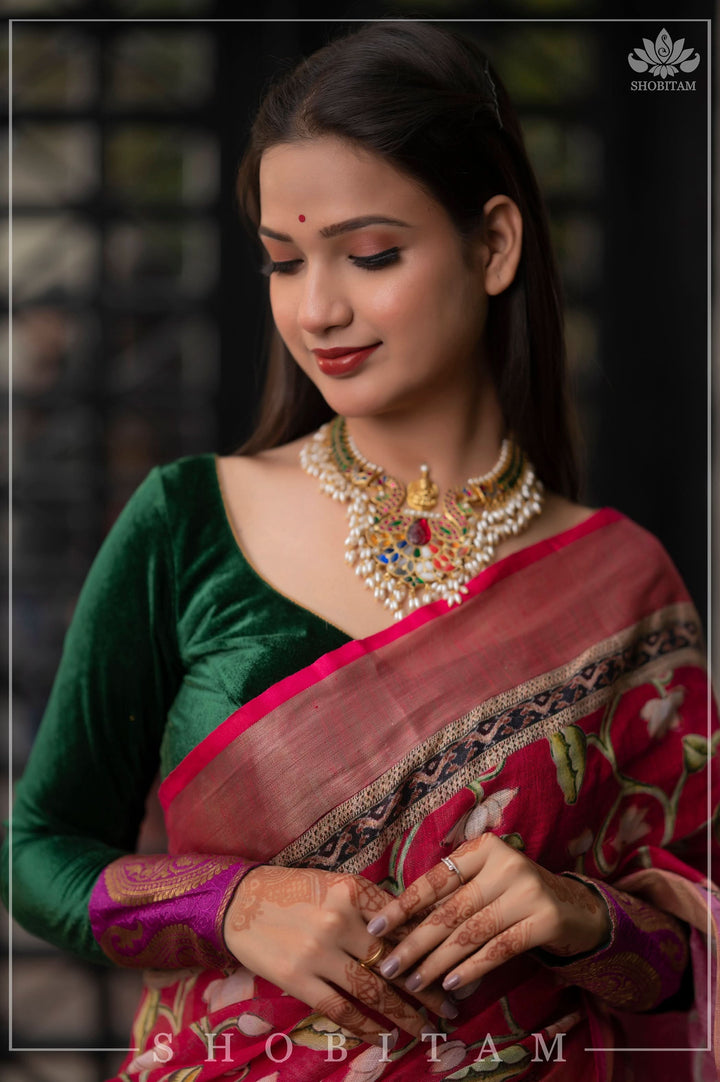 pre order Beautiful Dark Pink Linen Saree with Pichwai Design Digital Print
