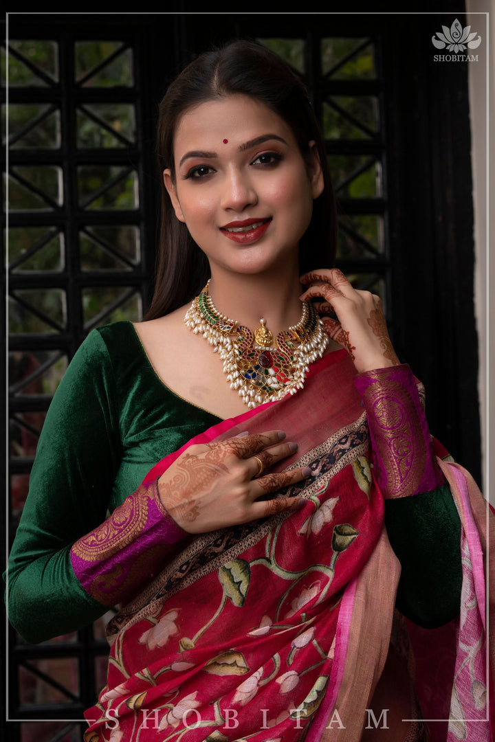 pre order Beautiful Dark Pink Linen Saree with Pichwai Design Digital Print