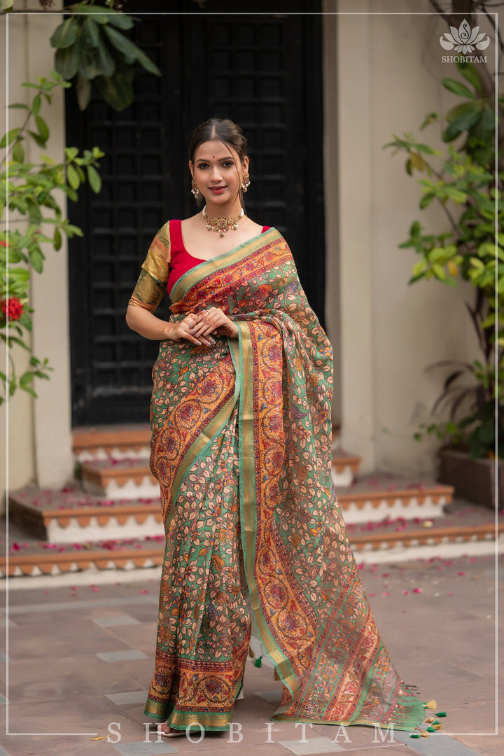 Distressed Kalamkari Digital Print on Silk Linen in Green