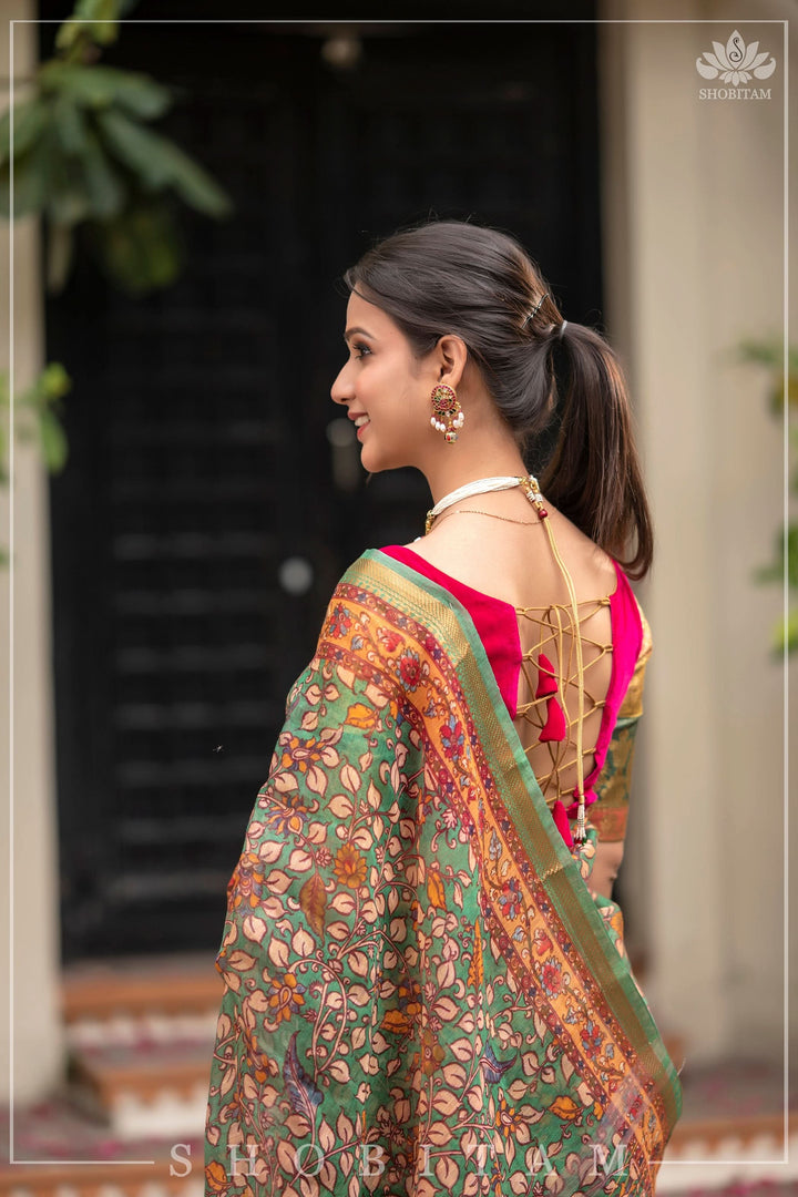 Distressed Kalamkari Digital Print on Silk Linen in Green