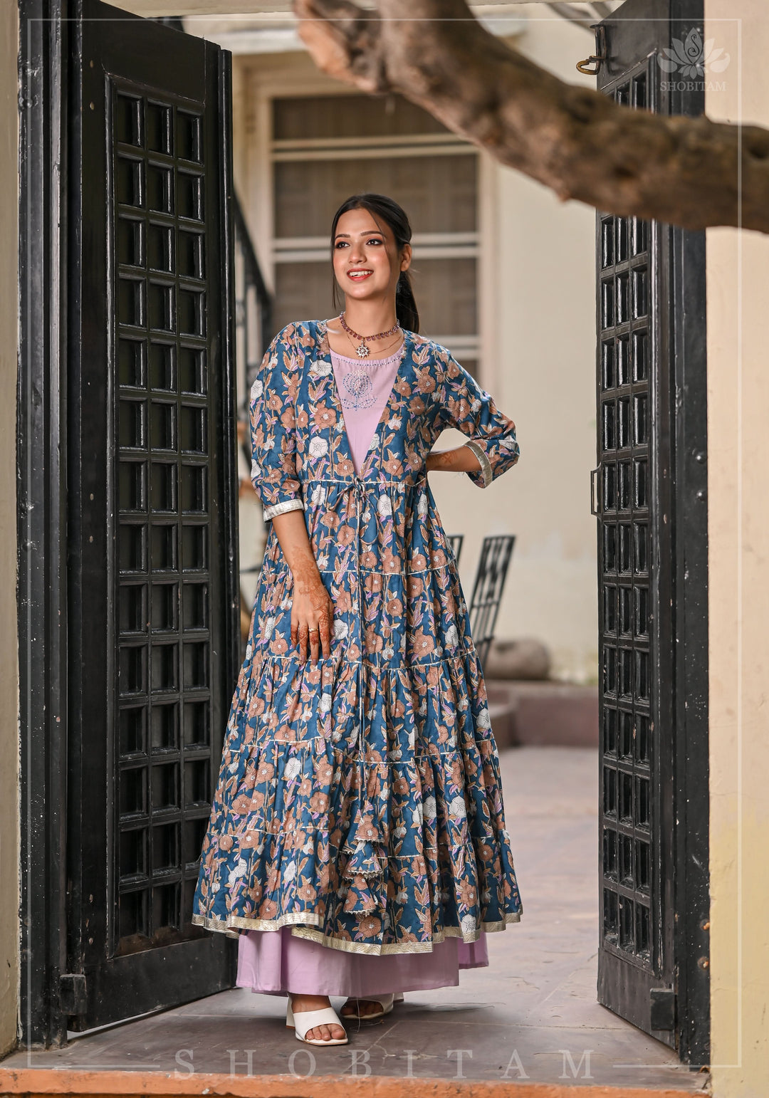 Heather Blue and Dusty Mauve Block Print Layered Cotton Dress  | Shobitam Made To Order