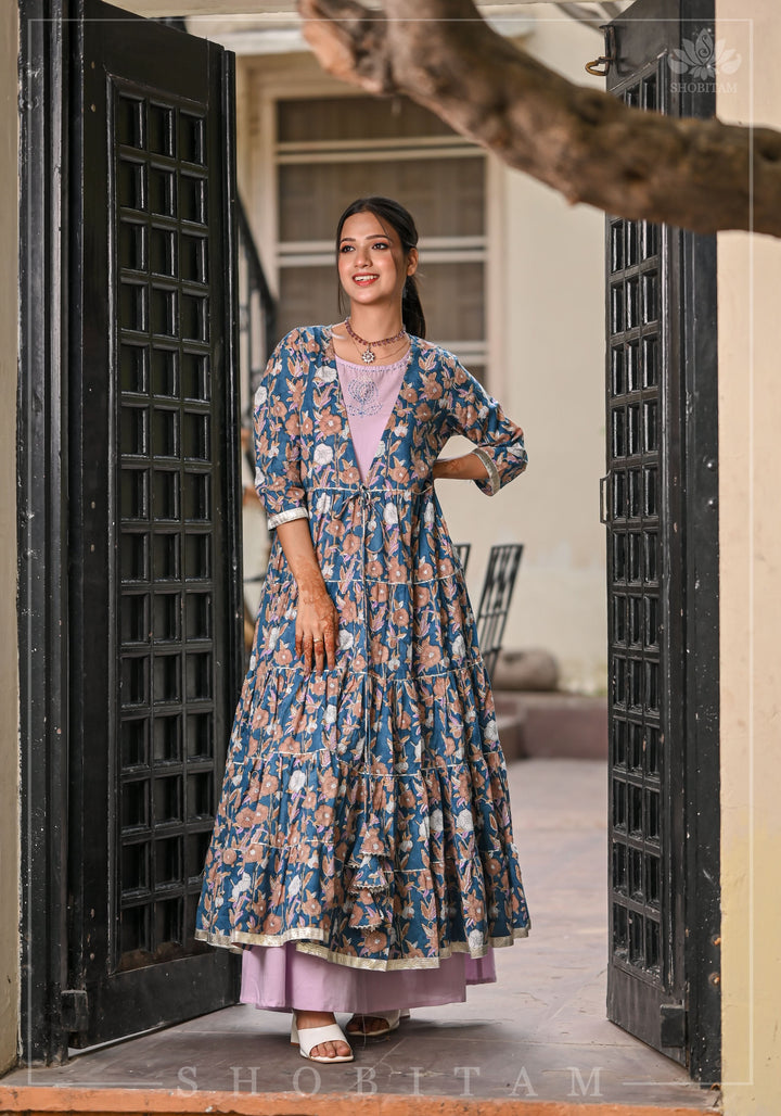 Heather Blue and Dusty Mauve Block Print Layered Cotton Dress  | Shobitam Made To Order
