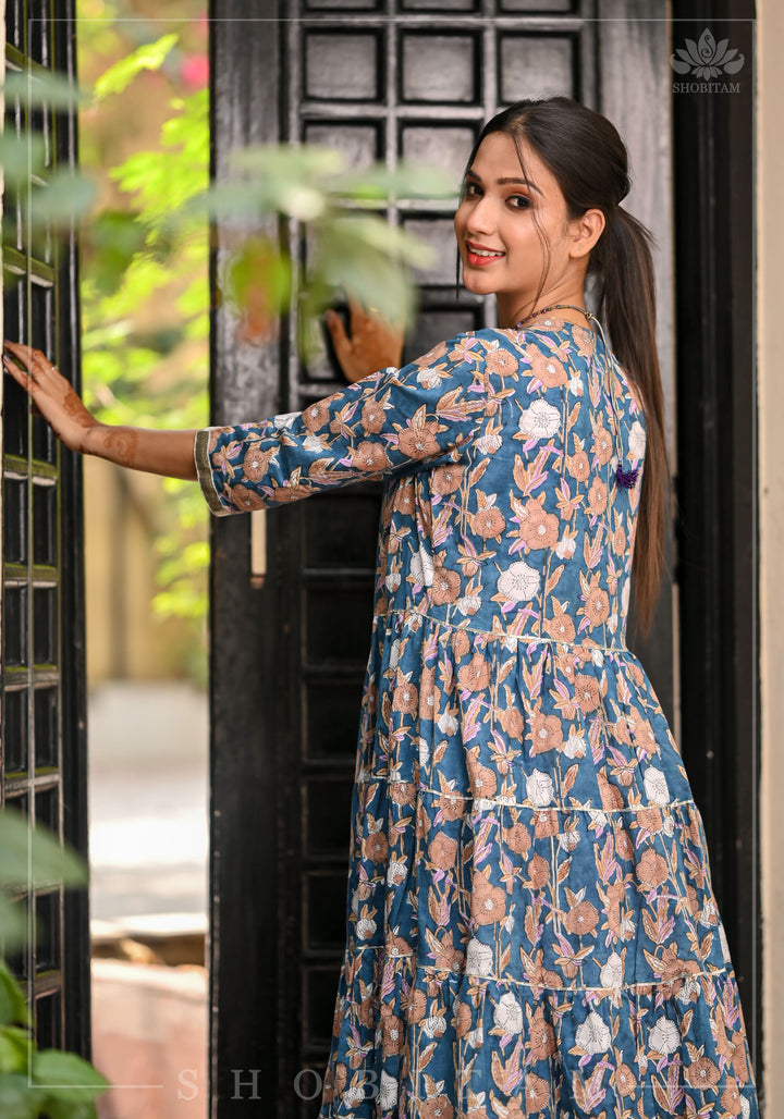 Heather Blue and Dusty Mauve Block Print Layered Cotton Dress  | Shobitam Made To Order