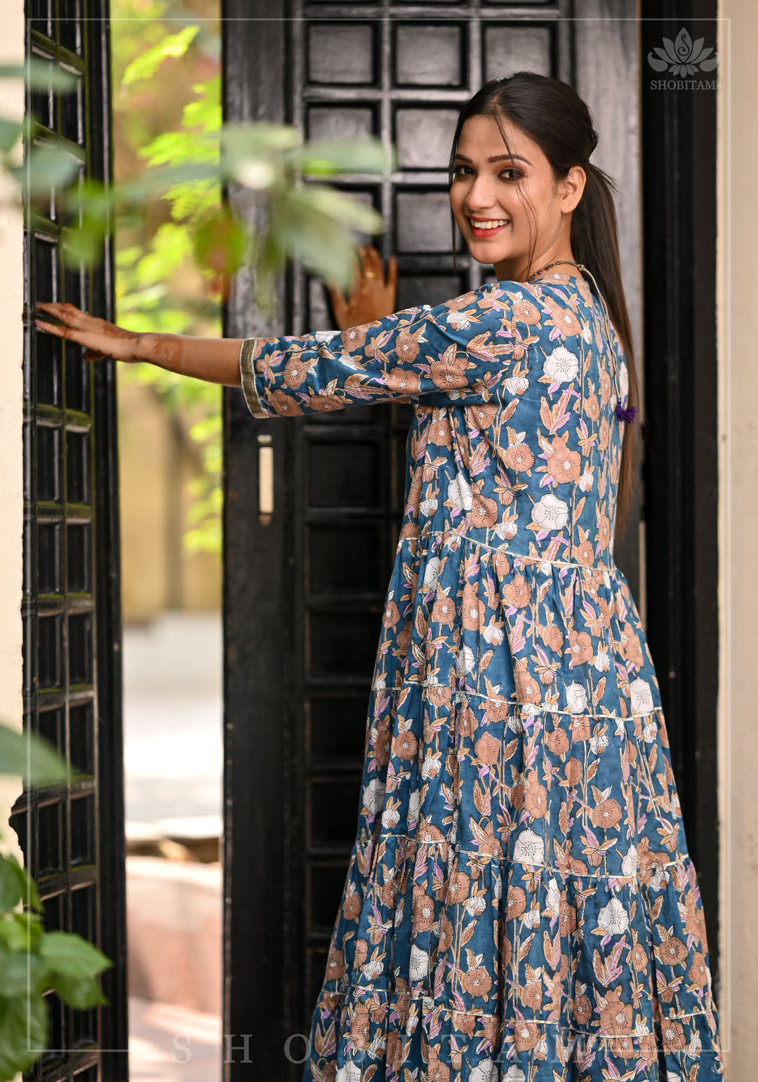 Heather Blue and Dusty Mauve Block Print Layered Cotton Dress  | Shobitam Made To Order