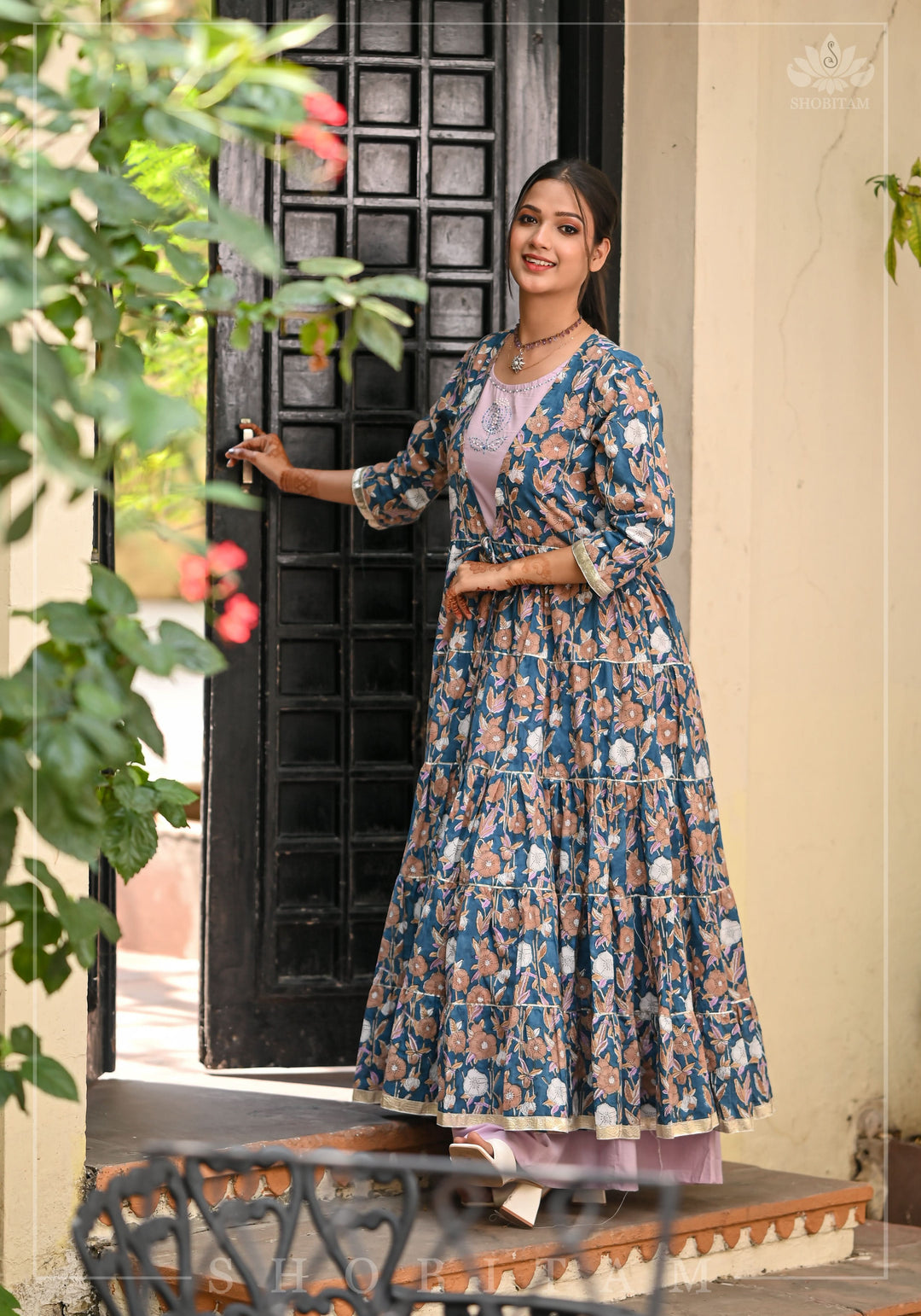 Heather Blue and Dusty Mauve Block Print Layered Cotton Dress  | Shobitam Made To Order