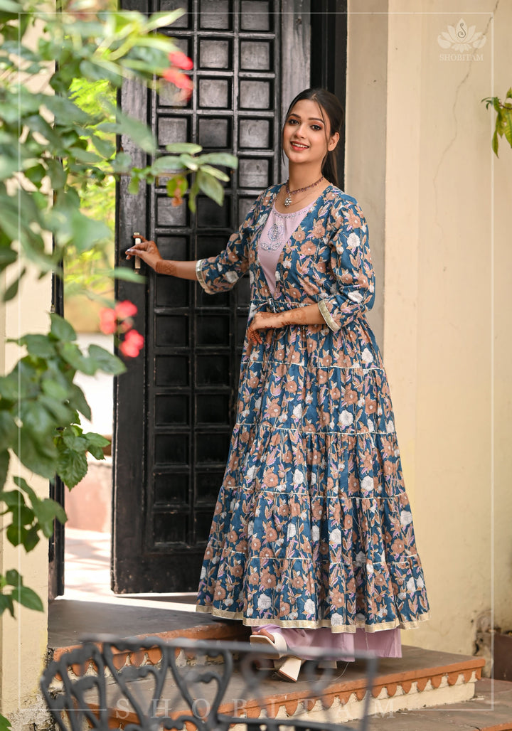 Heather Blue and Dusty Mauve Block Print Layered Cotton Dress  | Shobitam Made To Order