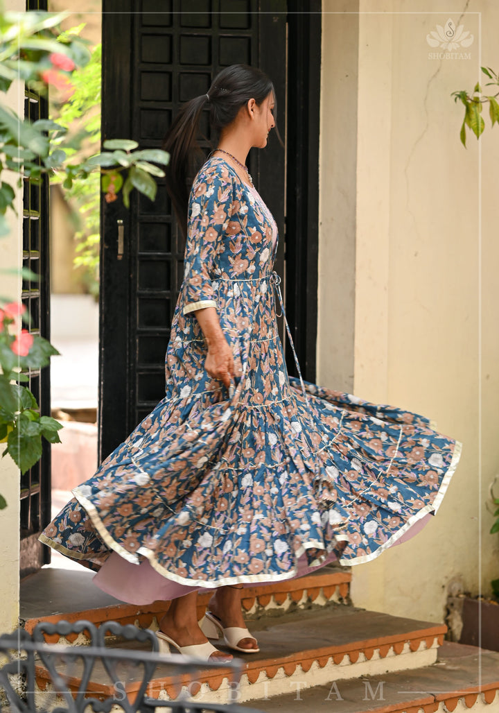 Heather Blue and Dusty Mauve Block Print Layered Cotton Dress  | Shobitam Made To Order