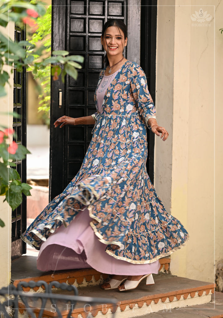 Heather Blue and Dusty Mauve Block Print Layered Cotton Dress  | Shobitam Made To Order