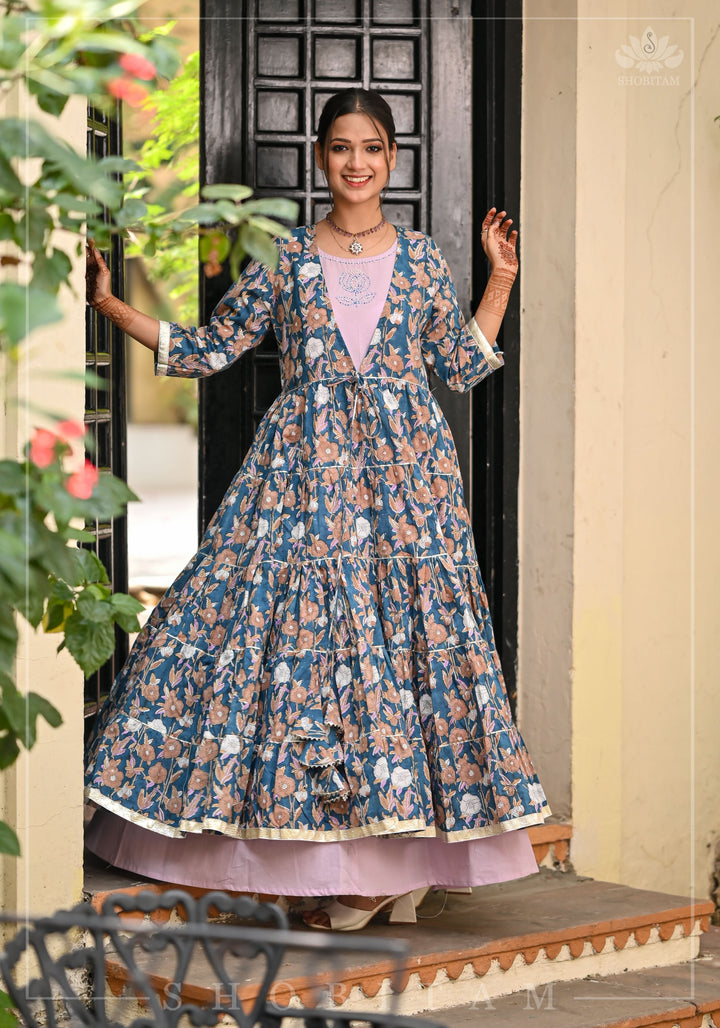 Heather Blue and Dusty Mauve Block Print Layered Cotton Dress  | Shobitam Made To Order