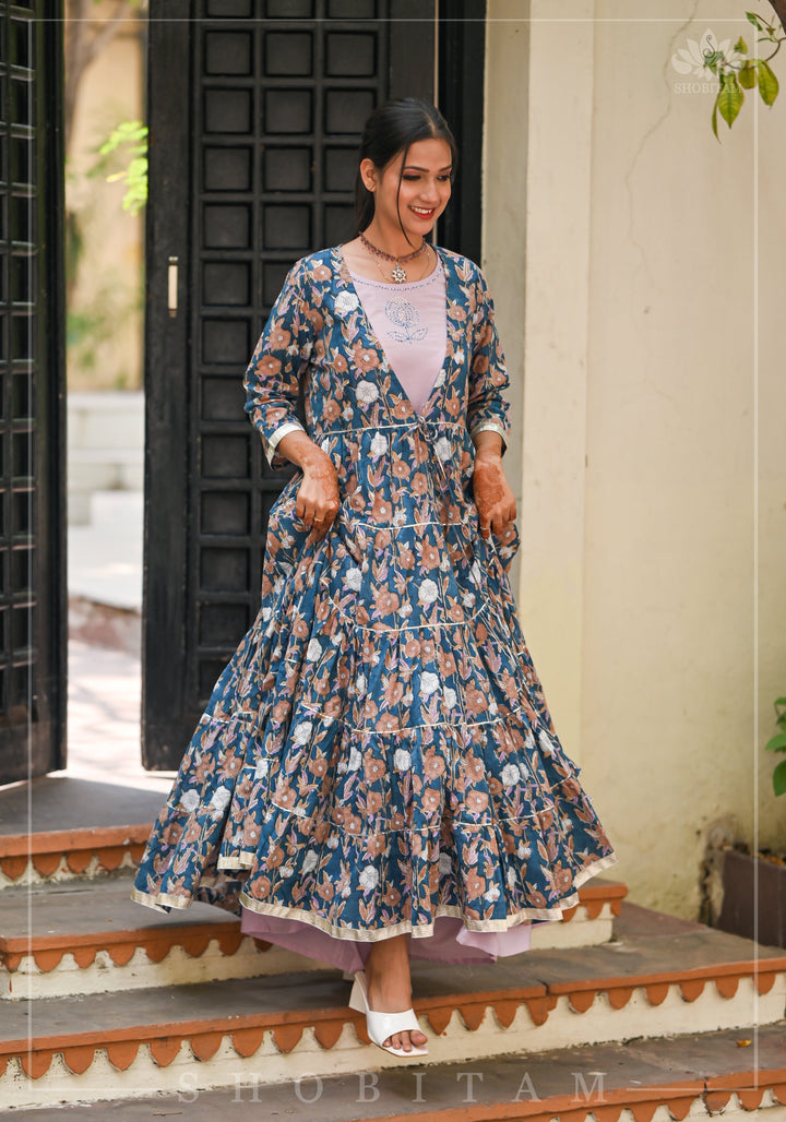 Heather Blue and Dusty Mauve Block Print Layered Cotton Dress  | Shobitam Made To Order